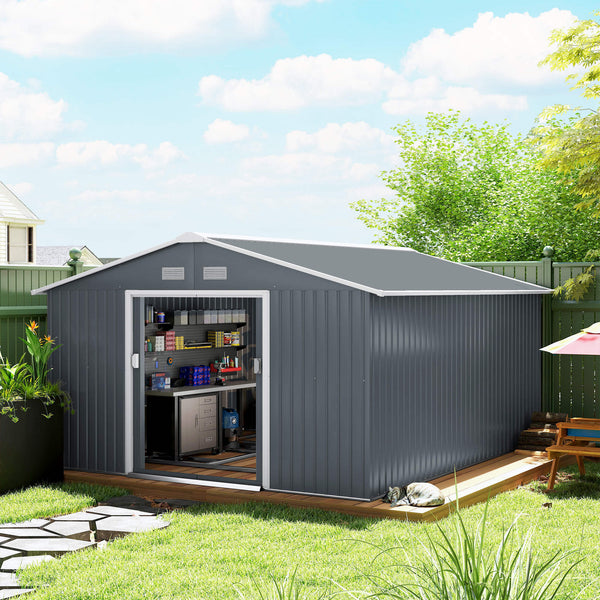 11' x 13' Garden Storage Shed with Foundation Kit, Metal Tool Storage House with Double Doors for Outdoor Patio Yard, Grey