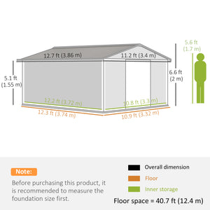 11' x 13' Garden Storage Shed with Foundation Kit, Metal Tool Storage House with Double Doors for Outdoor Patio Yard, Grey