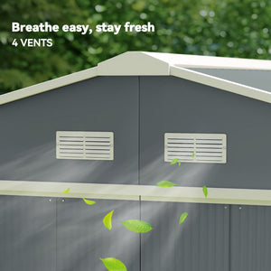 11' x 13' Garden Storage Shed with Foundation Kit, Metal Tool Storage House with Double Doors for Outdoor Patio Yard, Grey