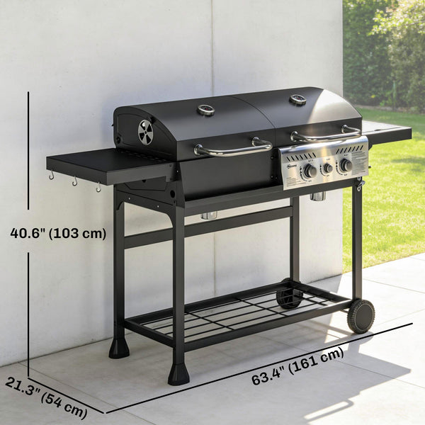 Dual Fuel BBQ Grill, Charcoal and 2+1 Gas Burner Barbecue Grill with Wheels, Warming Rack, Shelves, Thermometer, Bottle Opener, Outdoor Barbeque for Backyard Patio, Black