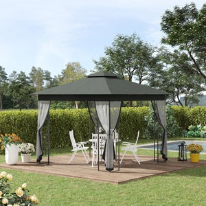 3(m) x 3(m) Garden Gazebo, Double Roof Outdoor Gazebo Canopy Shelter with Netting, Solid Steel Frame, for Garden, Lawn and Deck, Grey