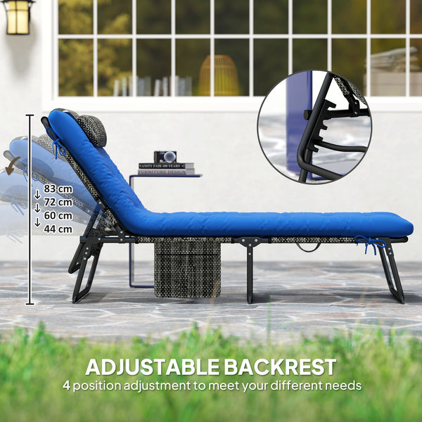 2 Pieces Folding Lounge Chairs with 4-level Reclining Back, Outdoor Tanning Chair with Cushion, Sun Lounger with Breathable Mesh Fabric, Side Pocket, Headrest, Blue