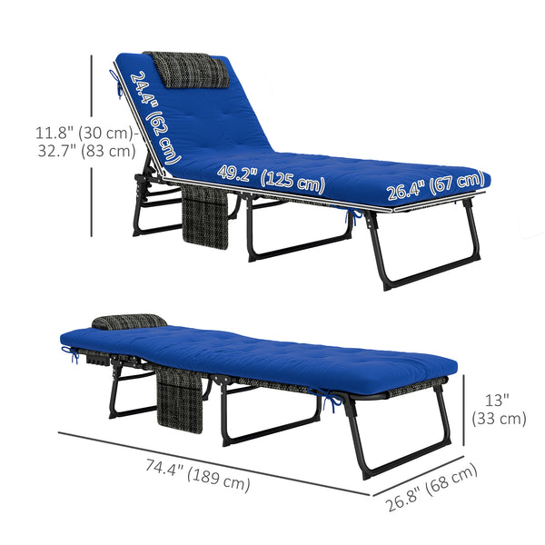 2 Pieces Folding Lounge Chairs with 4-level Reclining Back, Outdoor Tanning Chair with Cushion, Sun Lounger with Breathable Mesh Fabric, Side Pocket, Headrest, Blue