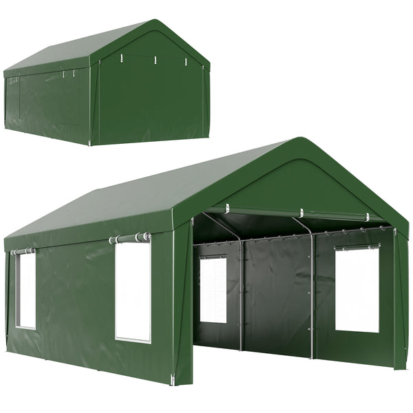 Carport, 12 x 20ft Portable Garage with 2 Roll-Up Doors and 4 Windows, Heavy Duty Outdoor Car Shelter with Removable Sidewalls for Car, Truck, Garden Tools, Dark Green