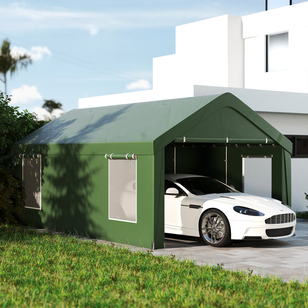 Carport, 12 x 20ft Portable Garage with 2 Roll-Up Doors and 4 Windows, Heavy Duty Outdoor Car Shelter with Removable Sidewalls for Car, Truck, Garden Tools, Dark Green