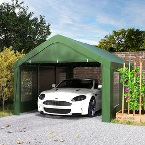 Carport, 12 x 20ft Portable Garage with 2 Roll-Up Doors and 4 Windows, Heavy Duty Outdoor Car Shelter with Removable Sidewalls for Car, Truck, Garden Tools, Dark Green