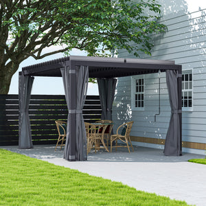 Outsunny 10' x 13' Louvered Pergola Hardtop Gazebo with Adjustable Aluminum Roof and Frame, Outdoor Pergola with Curtains and Netting, for Garden, Lawn, Backyard, and Deck, Dark Gray