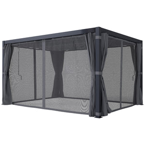 Outsunny 10' x 13' Louvered Pergola Hardtop Gazebo with Adjustable Aluminum Roof and Frame, Outdoor Pergola with Curtains and Netting, for Garden, Lawn, Backyard, and Deck, Dark Gray