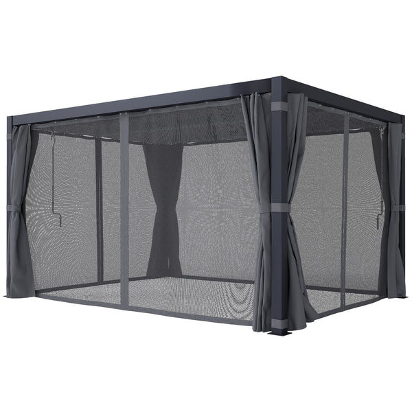 Outsunny 10' x 13' Louvered Pergola Hardtop Gazebo with Adjustable Aluminum Roof and Frame, Outdoor Pergola with Curtains and Netting, for Garden, Lawn, Backyard, and Deck, Dark Gray