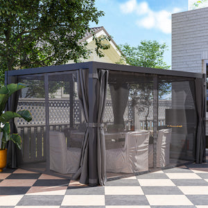 Outsunny 10' x 13' Louvered Pergola Hardtop Gazebo with Adjustable Aluminum Roof and Frame, Outdoor Pergola with Curtains and Netting, for Garden, Lawn, Backyard, and Deck, Dark Gray