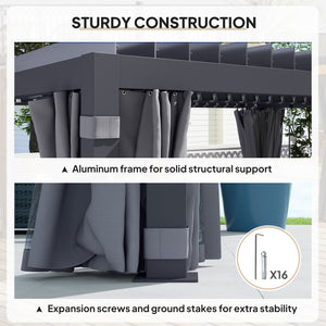Outsunny 10' x 13' Louvered Pergola Hardtop Gazebo with Adjustable Aluminum Roof and Frame, Outdoor Pergola with Curtains and Netting, for Garden, Lawn, Backyard, and Deck, Dark Gray