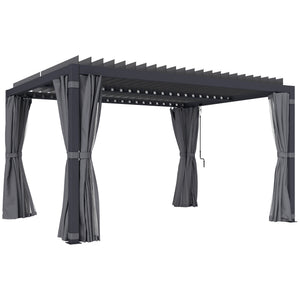 Outsunny 10' x 13' Louvered Pergola Hardtop Gazebo with Adjustable Aluminum Roof and Frame, Outdoor Pergola with Curtains and Netting, for Garden, Lawn, Backyard, and Deck, Dark Gray