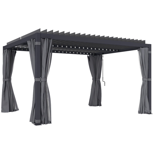 Outsunny 10' x 13' Louvered Pergola Hardtop Gazebo with Adjustable Aluminum Roof and Frame, Outdoor Pergola with Curtains and Netting, for Garden, Lawn, Backyard, and Deck, Dark Gray