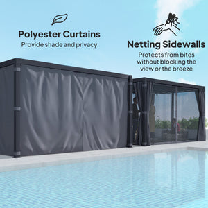 Outsunny 10' x 13' Louvered Pergola Hardtop Gazebo with Adjustable Aluminum Roof and Frame, Outdoor Pergola with Curtains and Netting, for Garden, Lawn, Backyard, and Deck, Dark Gray