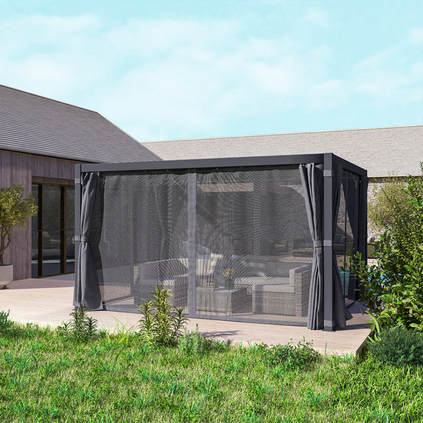 Outsunny 10' x 13' Louvered Pergola Hardtop Gazebo with Adjustable Aluminum Roof and Frame, Outdoor Pergola with Curtains and Netting, for Garden, Lawn, Backyard, and Deck, Dark Gray