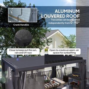 Outsunny 10' x 13' Louvered Pergola Hardtop Gazebo with Adjustable Aluminum Roof and Frame, Outdoor Pergola with Curtains and Netting, for Garden, Lawn, Backyard, and Deck, Dark Gray