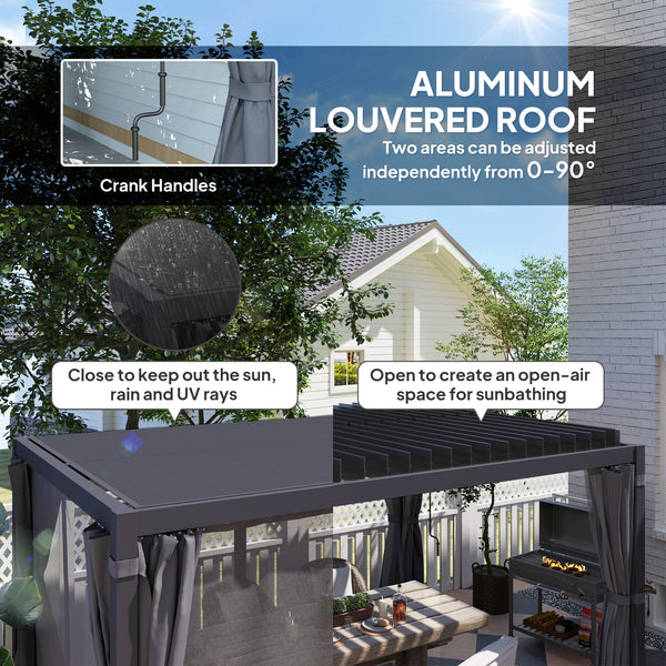 Outsunny 10' x 13' Louvered Pergola Hardtop Gazebo with Adjustable Aluminum Roof and Frame, Outdoor Pergola with Curtains and Netting, for Garden, Lawn, Backyard, and Deck, Dark Gray