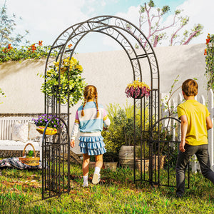 7.4ft Steel Garden Arch with Gate, Garden Arbor Trellis for Climbing Plants, Roses, Vines, Wedding Arch Stand for Outdoor, Garden, Lawn, Backyard, Black