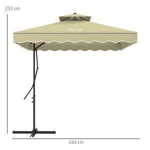 2.5m Cantilever Parasol with Easy Lever, Square Double Top Garden Parasol Umbrella with Ruffles and Cross Base, Overhanging Outdoor Sun Shades, Beige