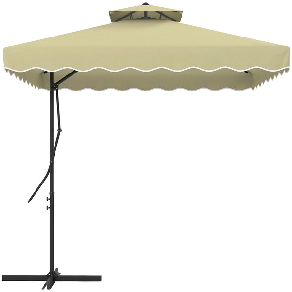 2.5m Cantilever Parasol with Easy Lever, Square Double Top Garden Parasol Umbrella with Ruffles and Cross Base, Overhanging Outdoor Sun Shades, Beige