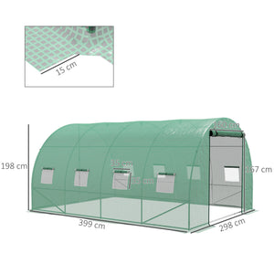 4 x 3(m) Polytunnel Greenhouse with Sprinkler Irrigation System, Walk-in Green House for Garden with Wide Roll-up Door, 8 Mesh Windows, Galvanised Steel Frame, Green