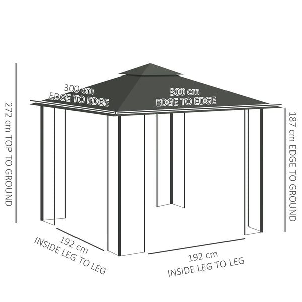 3(m) x 3(m) Garden Gazebo, Double Roof Outdoor Gazebo Canopy Shelter with Netting, Solid Steel Frame, for Garden, Lawn and Deck, Light Grey