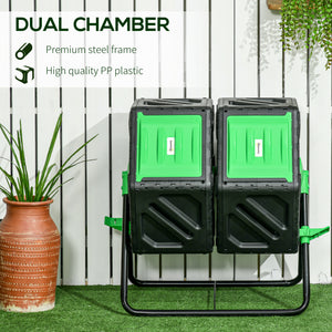 Dual Chamber Garden Compost Bin, 130L Rotating Composter, Compost Maker with Ventilation Openings and Steel Legs, Green and Black