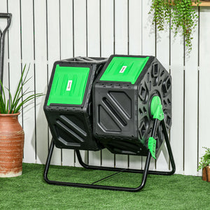 Dual Chamber Garden Compost Bin, 130L Rotating Composter, Compost Maker with Ventilation Openings and Steel Legs, Green and Black