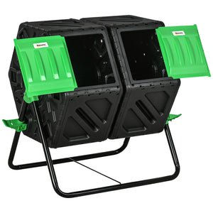 Dual Chamber Garden Compost Bin, 130L Rotating Composter, Compost Maker with Ventilation Openings and Steel Legs, Green and Black