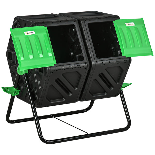Dual Chamber Garden Compost Bin, 130L Rotating Composter, Compost Maker with Ventilation Openings and Steel Legs, Green and Black