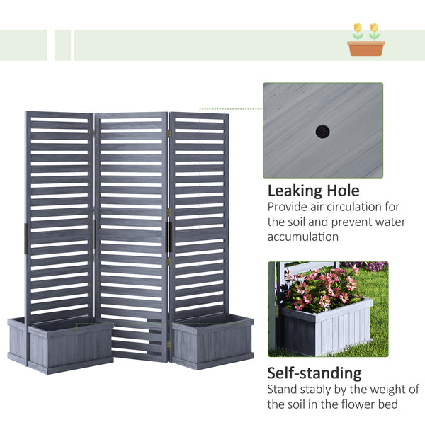 Freestanding Outdoor Privacy Screen, 4 Self-Draining Planters / Raised Garden Beds, 3 Hinged Panels for Hot Tub, Patio, Backyard, Deck, Grey