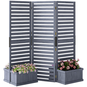 Freestanding Outdoor Privacy Screen, 4 Self-Draining Planters / Raised Garden Beds, 3 Hinged Panels for Hot Tub, Patio, Backyard, Deck, Grey