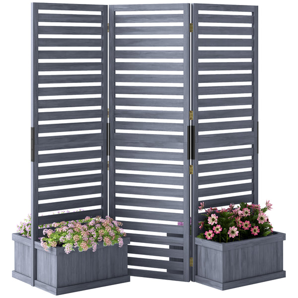 Freestanding Outdoor Privacy Screen, 4 Self-Draining Planters / Raised Garden Beds, 3 Hinged Panels for Hot Tub, Patio, Backyard, Deck, Grey
