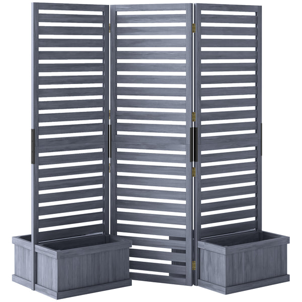 Freestanding Outdoor Privacy Screen, 4 Self-Draining Planters / Raised Garden Beds, 3 Hinged Panels for Hot Tub, Patio, Backyard, Deck, Grey