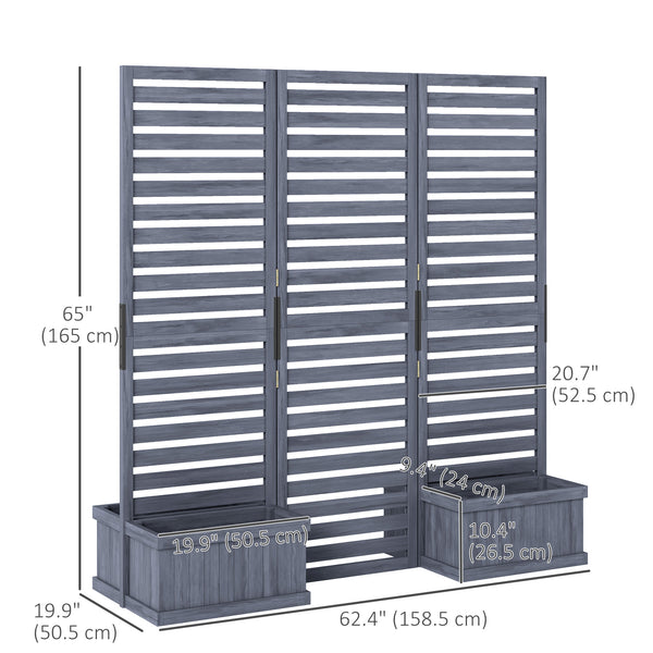 Freestanding Outdoor Privacy Screen, 4 Self-Draining Planters / Raised Garden Beds, 3 Hinged Panels for Hot Tub, Patio, Backyard, Deck, Grey