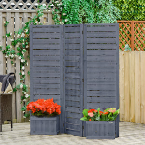 Outsunny Freestanding Outdoor Privacy Screen, 4 Self-Draining Planters / Raised Garden Beds, 3 Hinged Panels for Hot Tub, Patio, Backyard, Deck, Gray