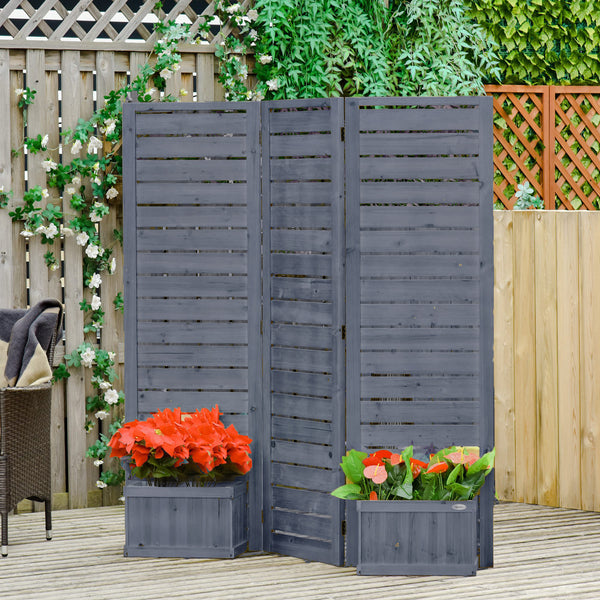 Outsunny Freestanding Outdoor Privacy Screen, 4 Self-Draining Planters / Raised Garden Beds, 3 Hinged Panels for Hot Tub, Patio, Backyard, Deck, Gray
