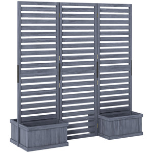 Freestanding Outdoor Privacy Screen, 4 Self-Draining Planters / Raised Garden Beds, 3 Hinged Panels for Hot Tub, Patio, Backyard, Deck, Grey