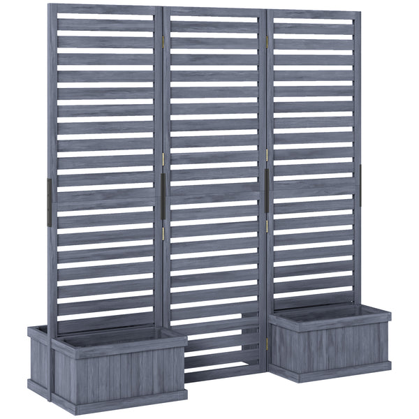 Freestanding Outdoor Privacy Screen, 4 Self-Draining Planters / Raised Garden Beds, 3 Hinged Panels for Hot Tub, Patio, Backyard, Deck, Grey