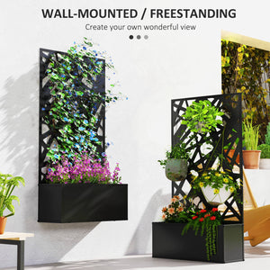 Metal Raised Garden Bed with Trellis for Climbing Plants, Freestanding or Wall Mounted Flower Bed with Privacy Panel, Irregular Line Cut-Outs Outdoor Planter Box for Garden, Patio, Balcony