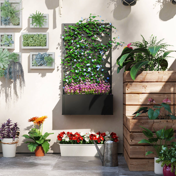 Metal Raised Garden Bed with Trellis for Climbing Plants, Freestanding or Wall Mounted Flower Bed with Privacy Panel, Irregular Line Cut-Outs Outdoor Planter Box for Garden, Patio, Balcony