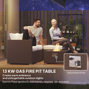 5 Piece Rattan Garden Furniture Set with Gas Fire Pit Table, 4 Seater Outdoor Sectional Sofa Set with Footstool and Removable Cushions, Modular Combination, Brown and Cream White