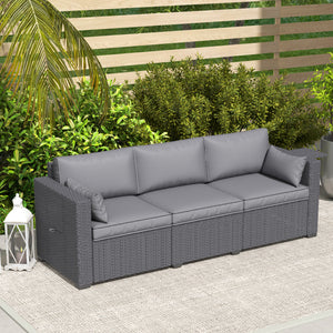 3 Seater Wicker Outdoor Sofa with Side Tray Tables, Poly Rattan Patio Sofa Couch with 6" Thick Back Cushions, Outdoor Couch with Deep Seat, Pillows for Garden, Grey