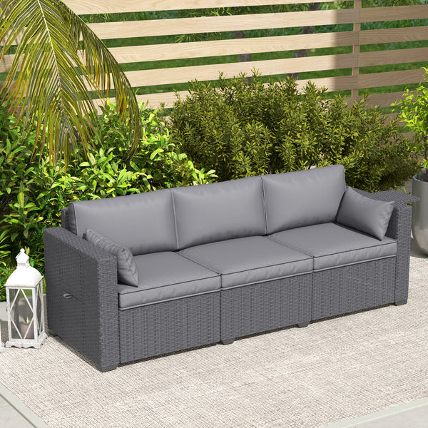 3 Seater Wicker Outdoor Sofa with Side Tray Tables, Poly Rattan Patio Sofa Couch with 6" Thick Back Cushions, Outdoor Couch with Deep Seat, Pillows for Garden, Grey