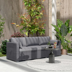 3 Seater Wicker Outdoor Sofa with Side Tray Tables, Poly Rattan Patio Sofa Couch with 6" Thick Back Cushions, Outdoor Couch with Deep Seat, Pillows for Garden, Grey