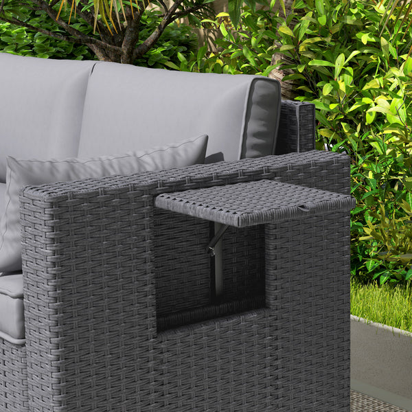 3 Seater Wicker Outdoor Sofa with Side Tray Tables, Poly Rattan Patio Sofa Couch with 6" Thick Back Cushions, Outdoor Couch with Deep Seat, Pillows for Garden, Grey
