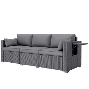 3 Seater Wicker Outdoor Sofa with Side Tray Tables, Poly Rattan Patio Sofa Couch with 6" Thick Back Cushions, Outdoor Couch with Deep Seat, Pillows for Garden, Grey