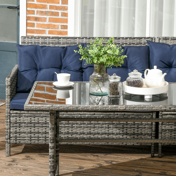 6 Pieces Rattan Garden Furniture Set, 8-Seater Garden Corner Sofa Set with 3 Loveseats, Glass Top Table, Footstools, Outdoor Conservatory Furniture with Cushions for Patio, Dark Blue