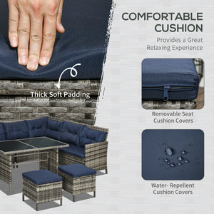 6 Pieces Rattan Garden Furniture Set, 8-Seater Garden Corner Sofa Set with 3 Loveseats, Glass Top Table, Footstools, Outdoor Conservatory Furniture with Cushions for Patio, Dark Blue