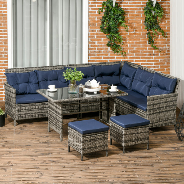 6 Pieces Rattan Garden Furniture Set, 8-Seater Garden Corner Sofa Set with 3 Loveseats, Glass Top Table, Footstools, Outdoor Conservatory Furniture with Cushions for Patio, Dark Blue